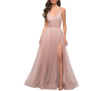 NEW La Femme illusion tulle gown, dusty mauve, size 6